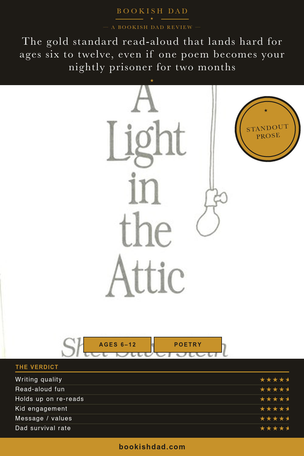 A Light in the Attic by Shel Silverstein — Bookish Dad book review card (5/5 stars)
