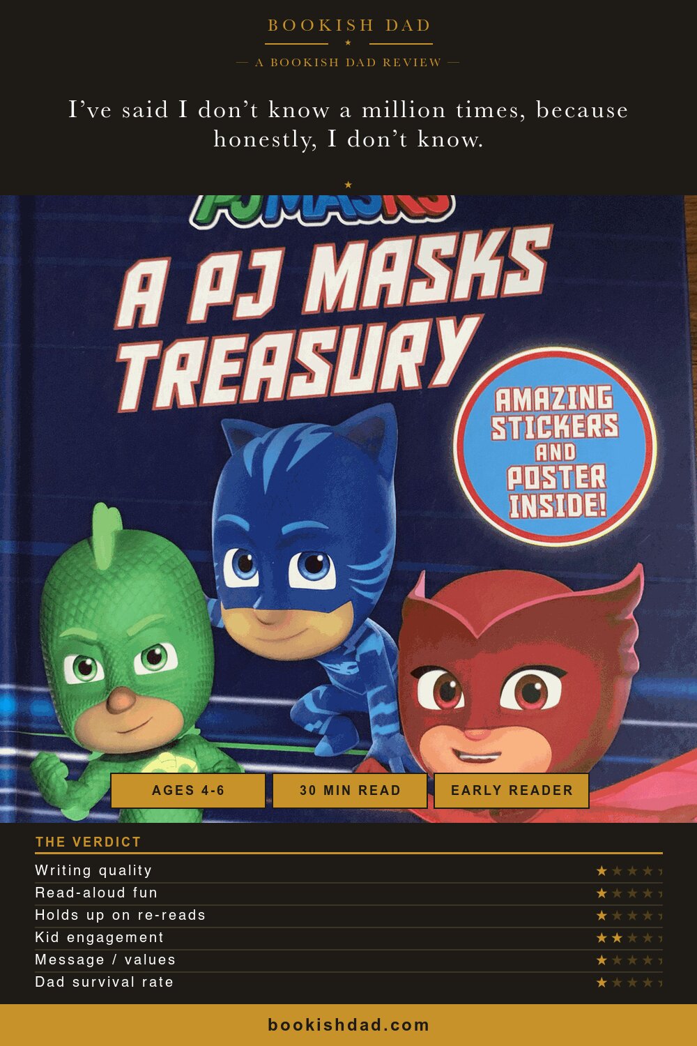 A PJ Masks Treasury by Various — Bookish Dad book review card (1/5 stars)