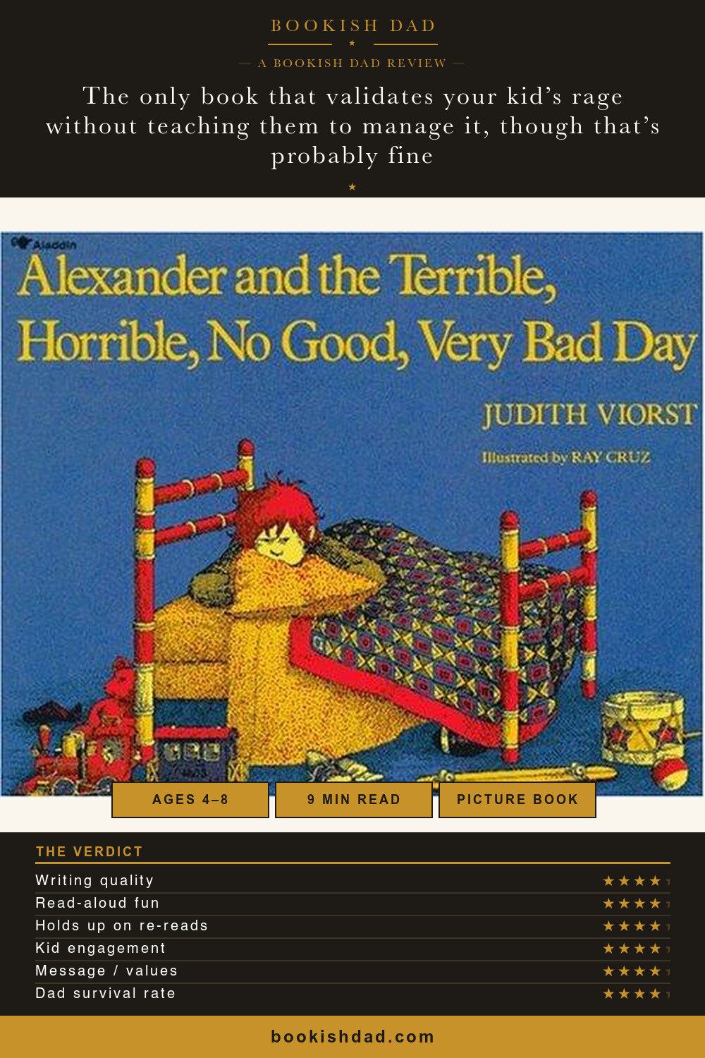Alexander and the Terrible, Horrible, No Good, Very Bad Day by Judith Viorst — Bookish Dad book review card (4/5 stars)