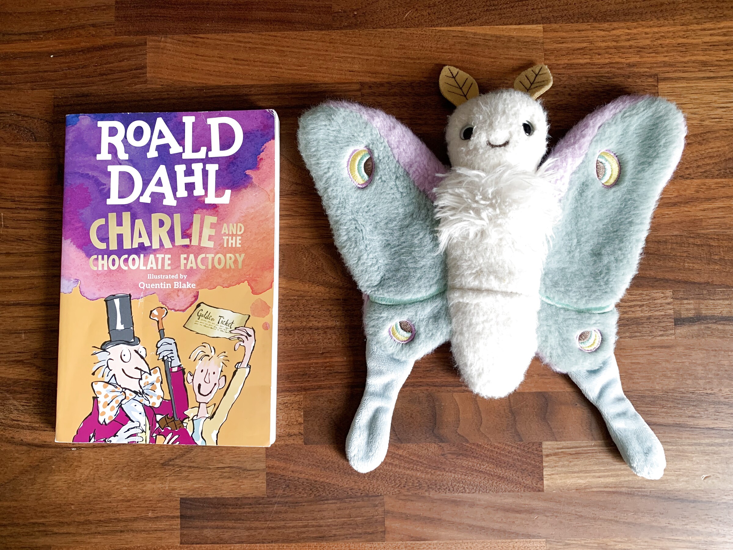 Charlie and the Chocolate Factory next to Reference Moth, our resident size guide