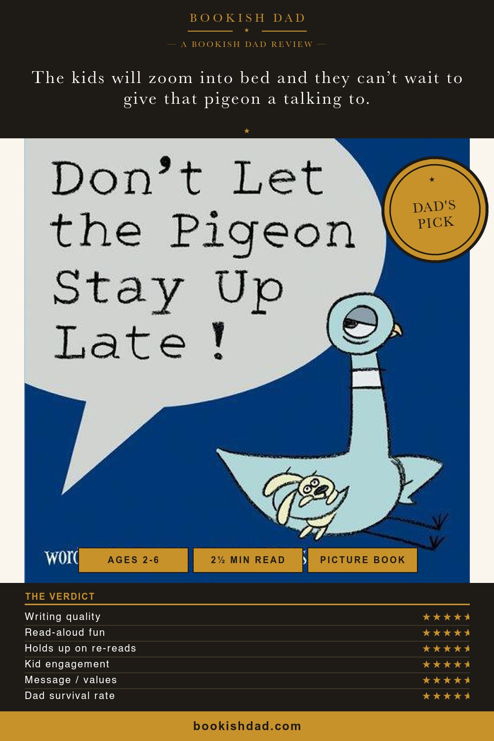 Don't Let the Pigeon Stay Up Late! by Mo Willems: Bookish Dad book review card (5/5 stars, Dad’s Pick)