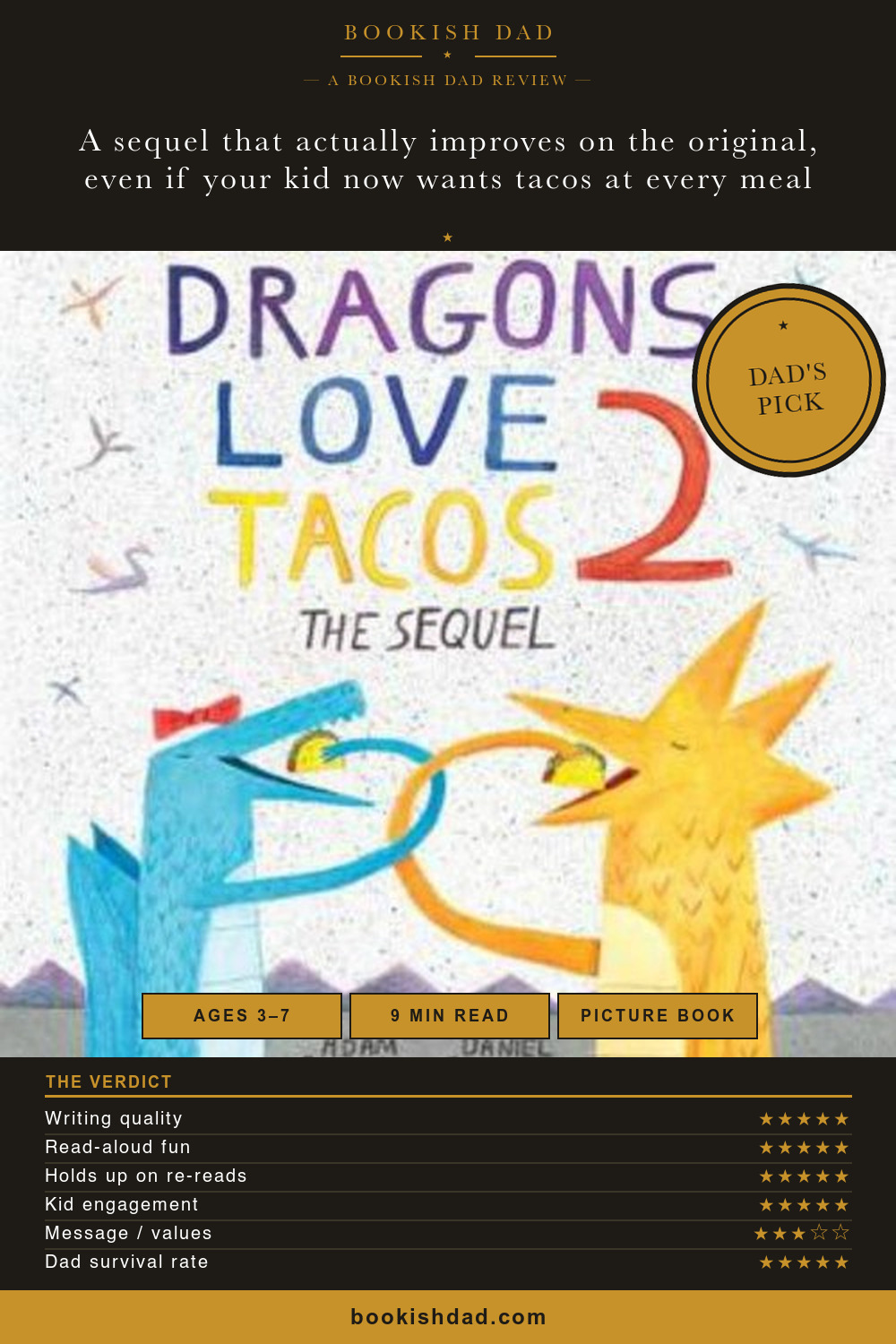 Dragons Love Tacos 2 by Adam Rubin — Bookish Dad book review card (5/5 stars, Dad’s Pick)
