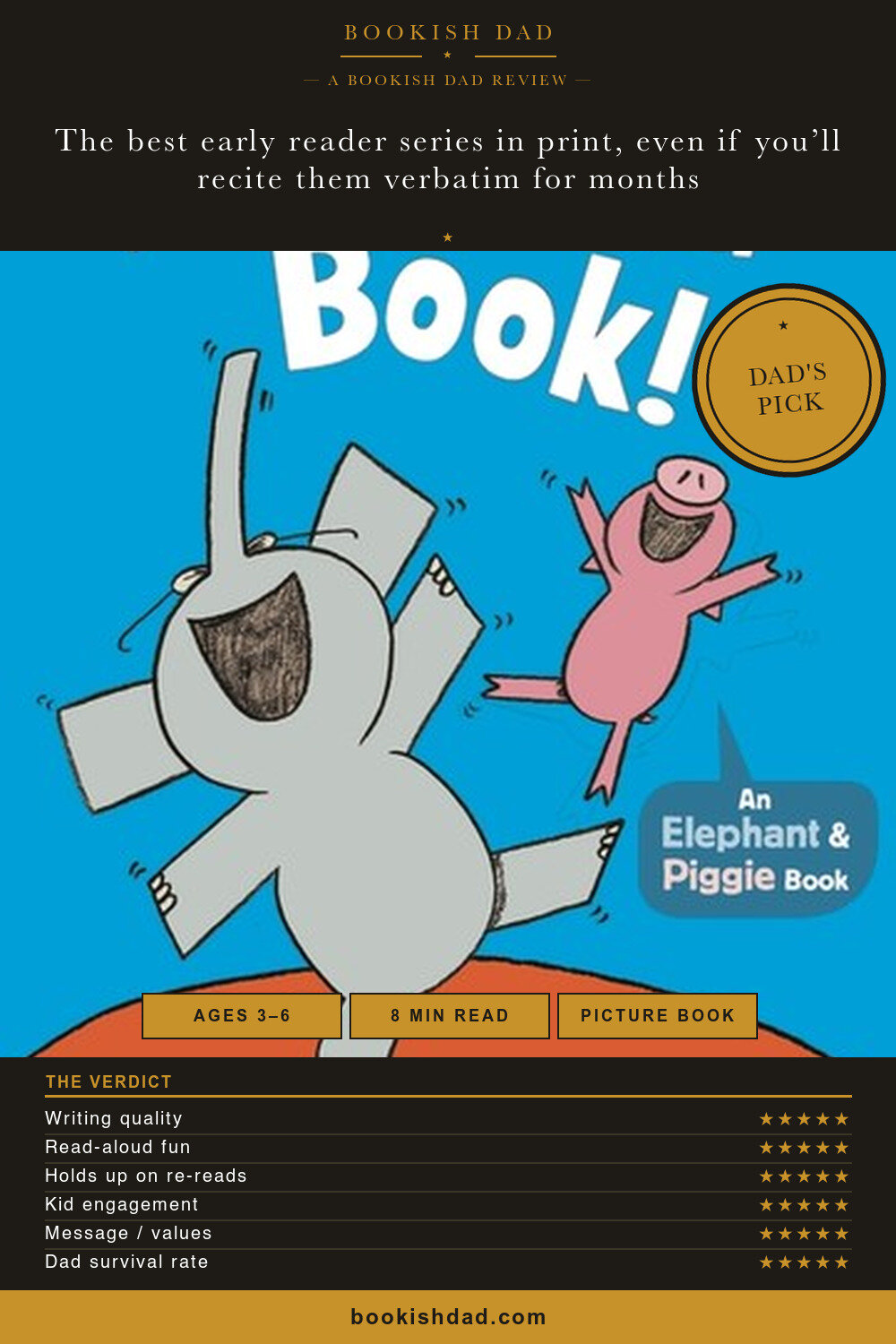 Elephant & Piggie by Mo Willems — Bookish Dad book review card (5/5 stars, Dad’s Pick)