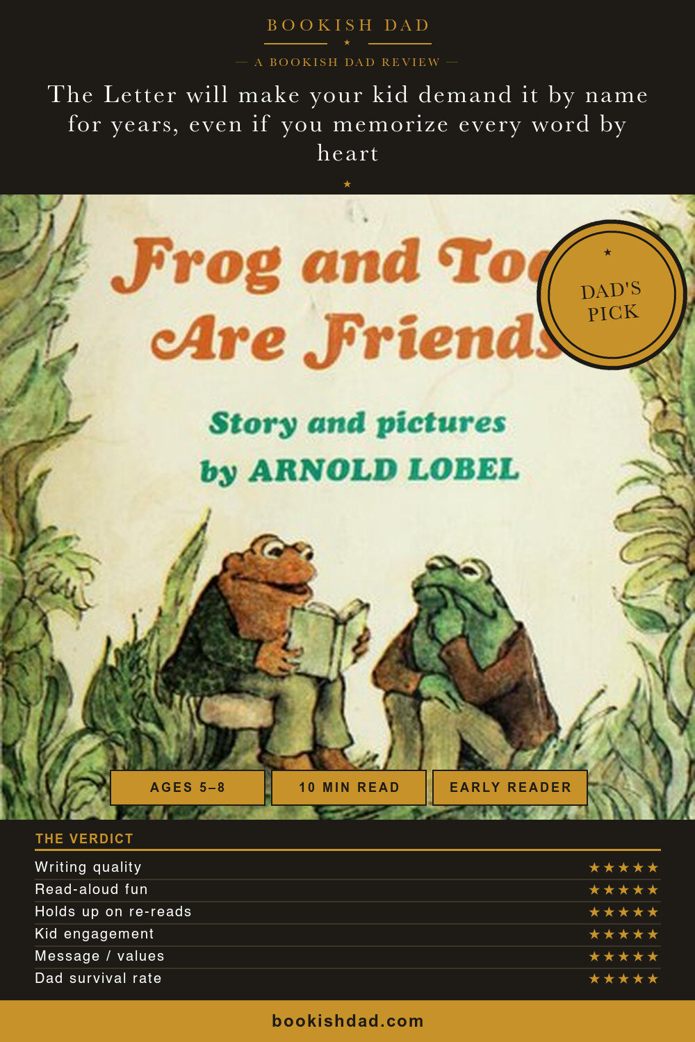 Frog and Toad Are Friends by Arnold Lobel — Bookish Dad book review card (5/5 stars, Dad’s Pick)