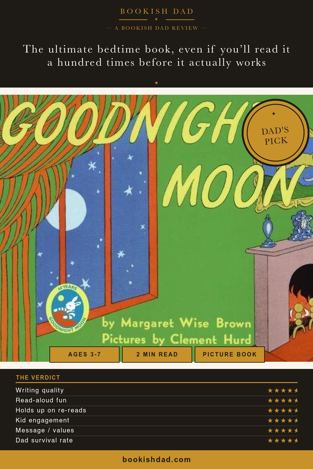 Goodnight Moon by Margaret Wise Brown — Bookish Dad book review card (5/5 stars, Dad’s Pick)