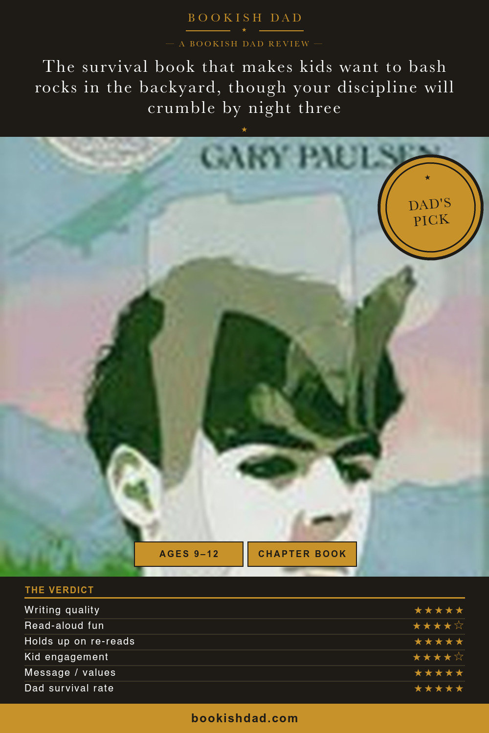 Hatchet by Gary Paulsen — Bookish Dad book review card (5/5 stars, Dad’s Pick)