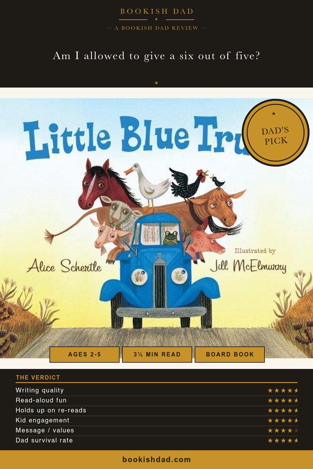 Little Blue Truck by Alice Schertle — Bookish Dad book review card (5/5 stars, Dad’s Pick)