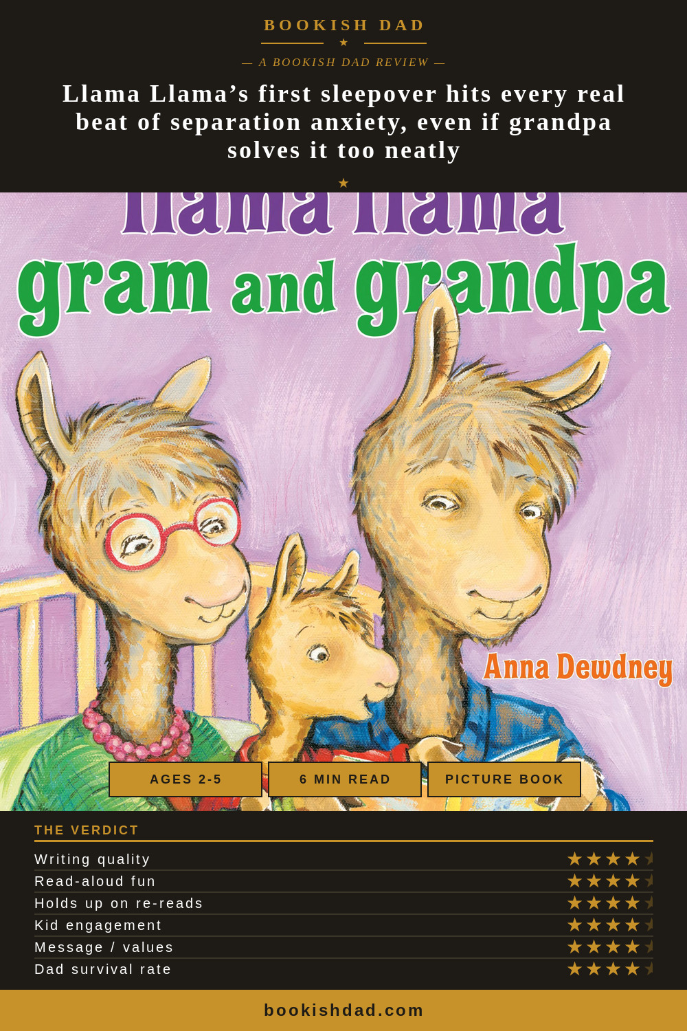 Llama Llama Gram and Grandpa by Anna Dewdney — Bookish Dad book review card (4/5 stars)