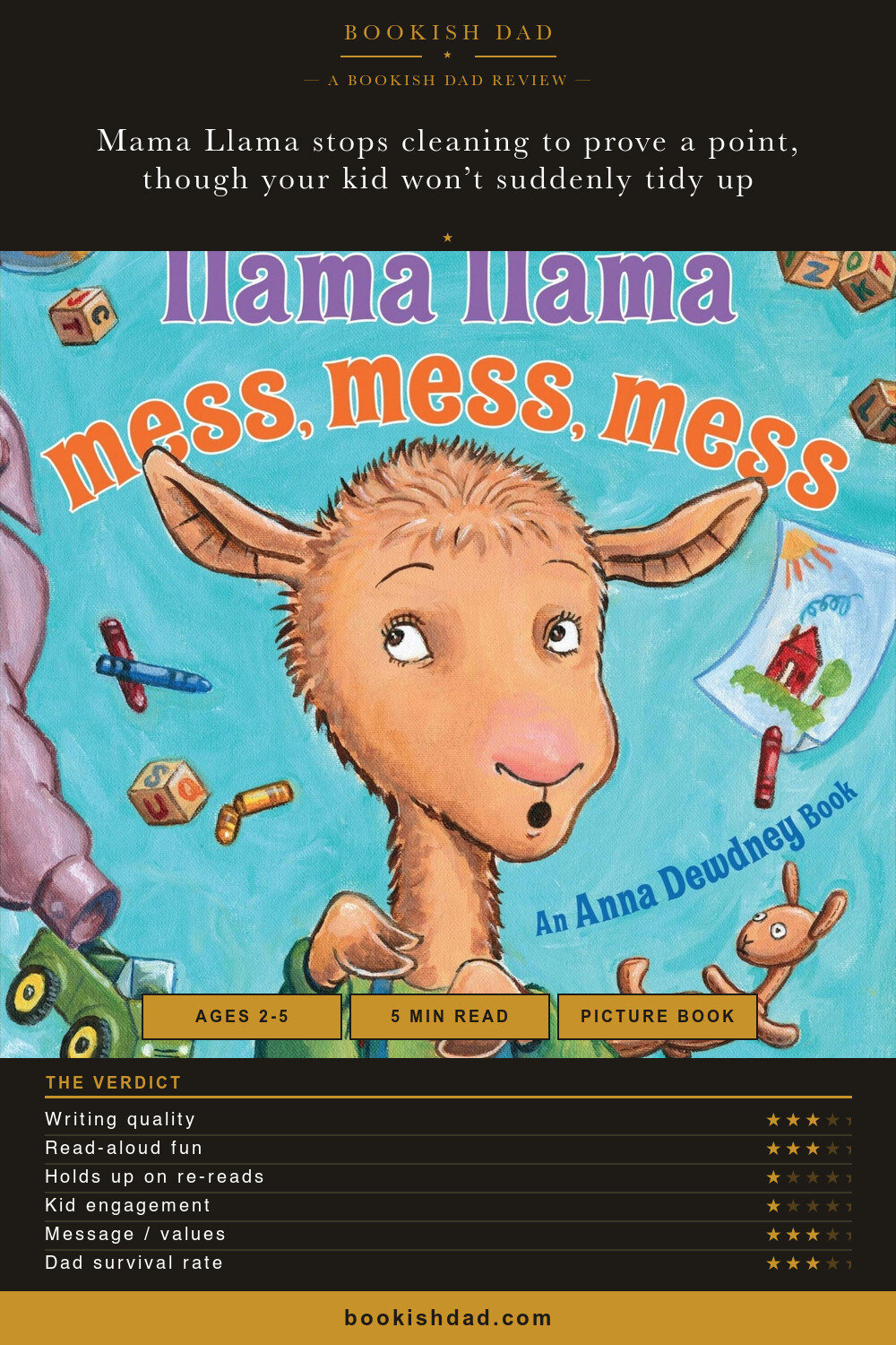 Llama Llama Mess, Mess, Mess by Anna Dewdney — Bookish Dad book review card (3/5 stars)