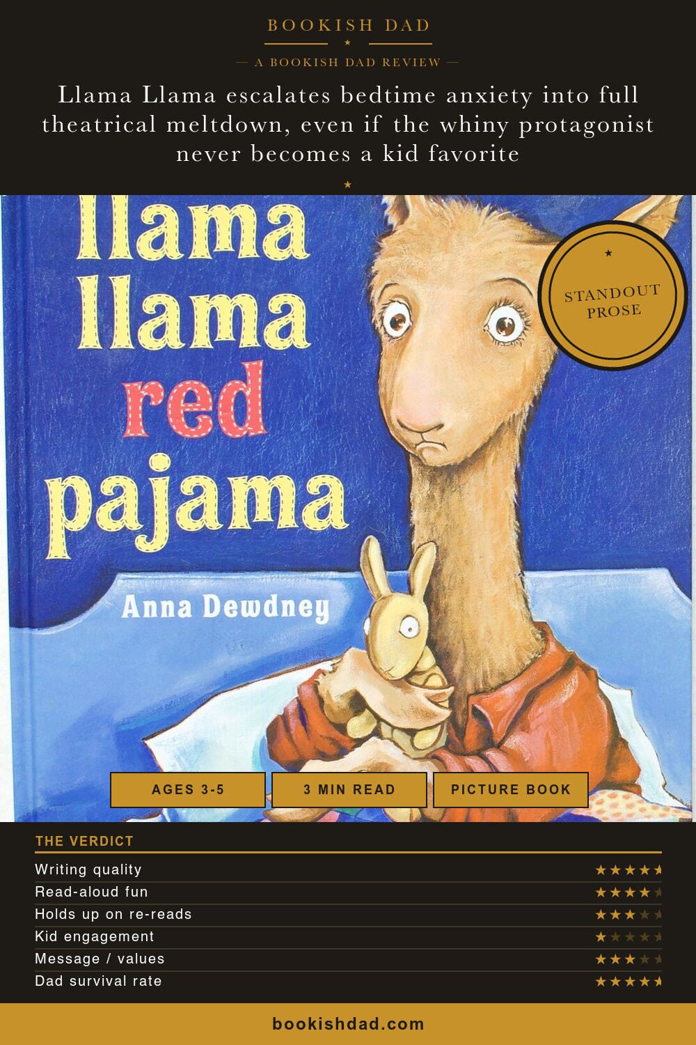 Llama Llama Red Pajama by Anna Dewdney — Bookish Dad book review card (3/5 stars)