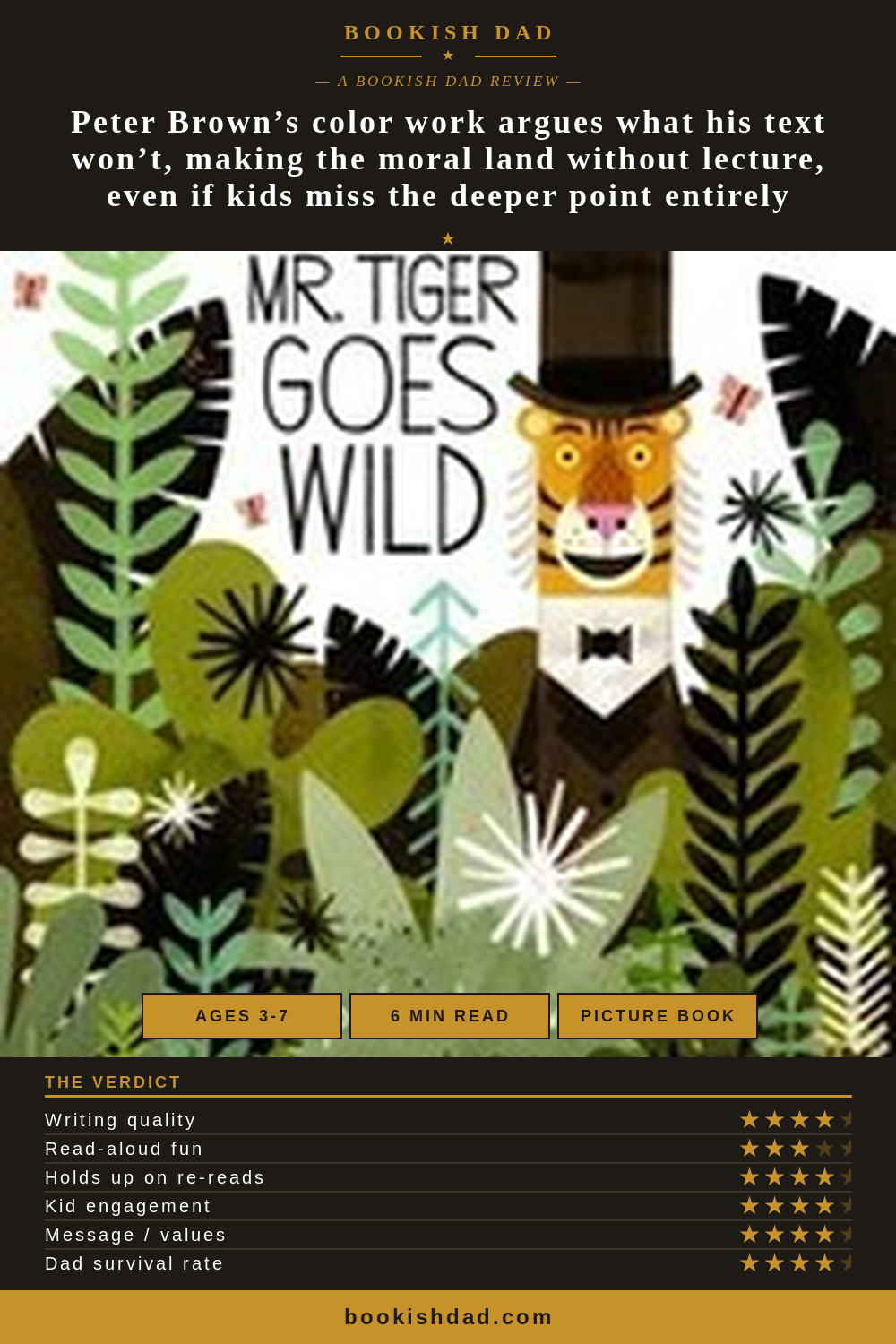 Mr. Tiger Goes Wild by Peter Brown — Bookish Dad book review card (4/5 stars)