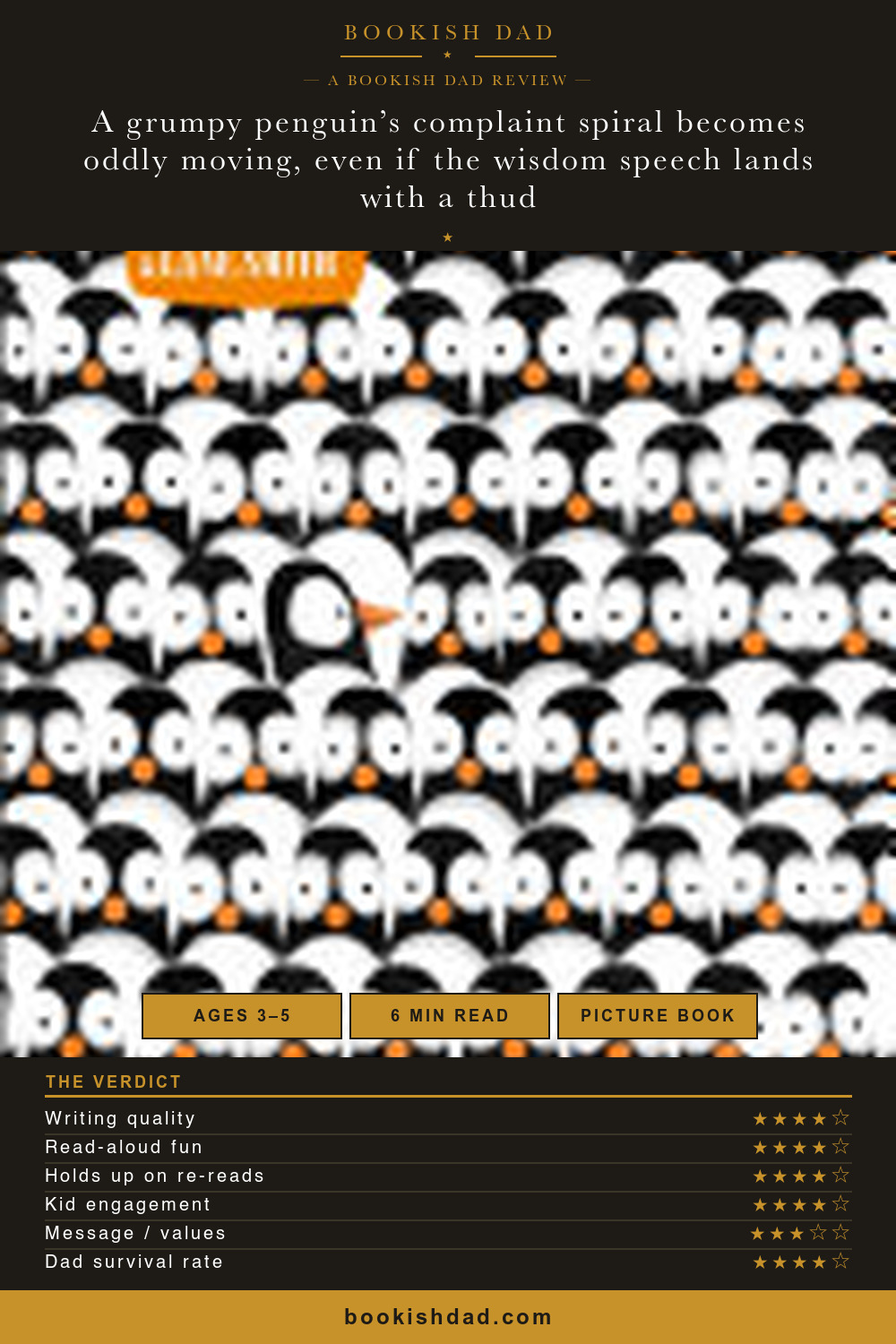 Penguin Problems by Jory John — Bookish Dad book review card (4/5 stars)