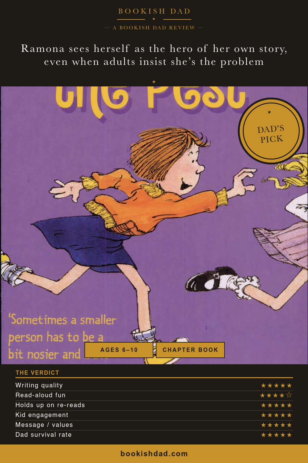 Ramona the Pest by Beverly Cleary — Bookish Dad book review card (5/5 stars, Dad’s Pick)