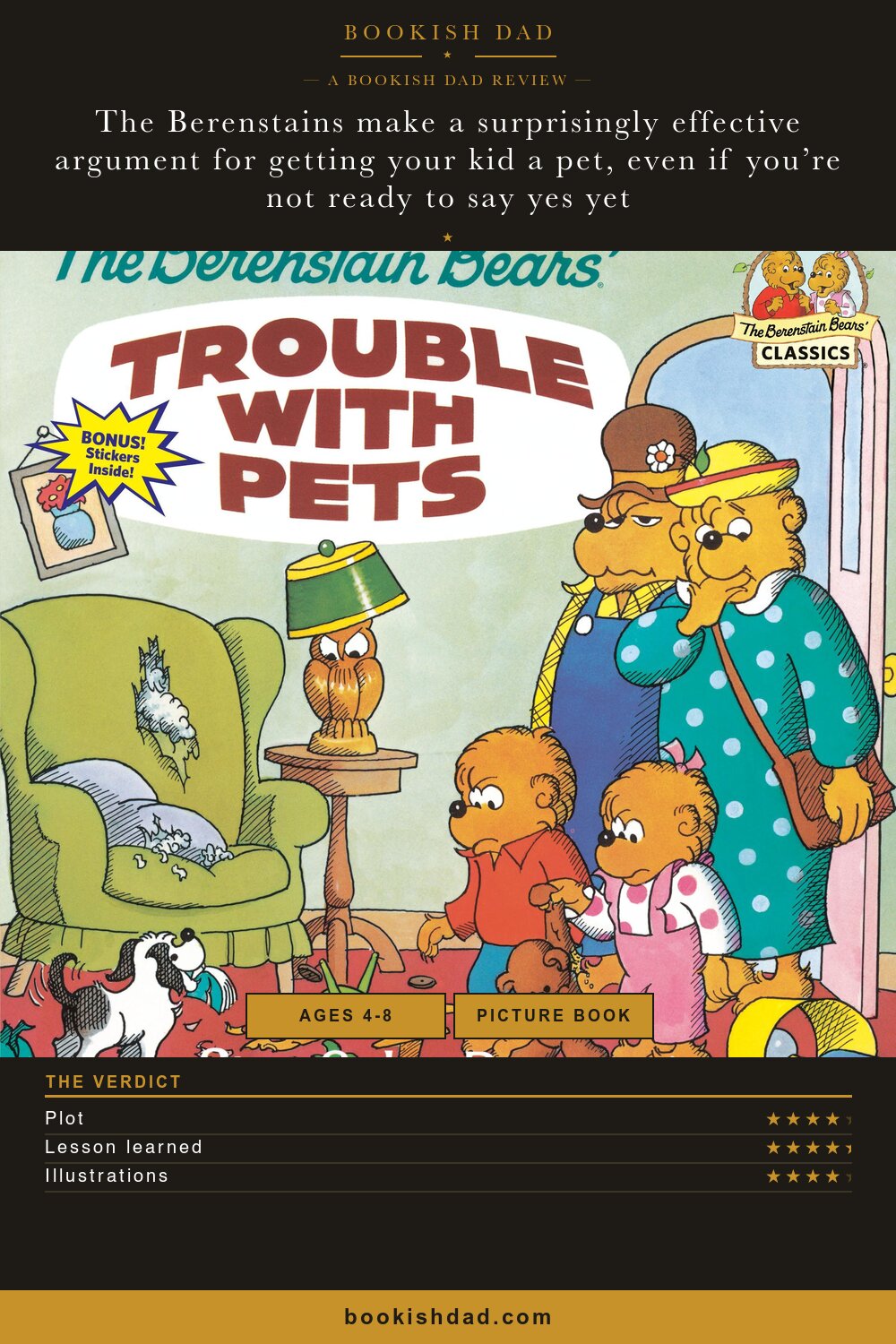The Berenstain Bears' Trouble with Pets by Stan & Jan Berenstain — Bookish Dad book review card (4/5 stars)