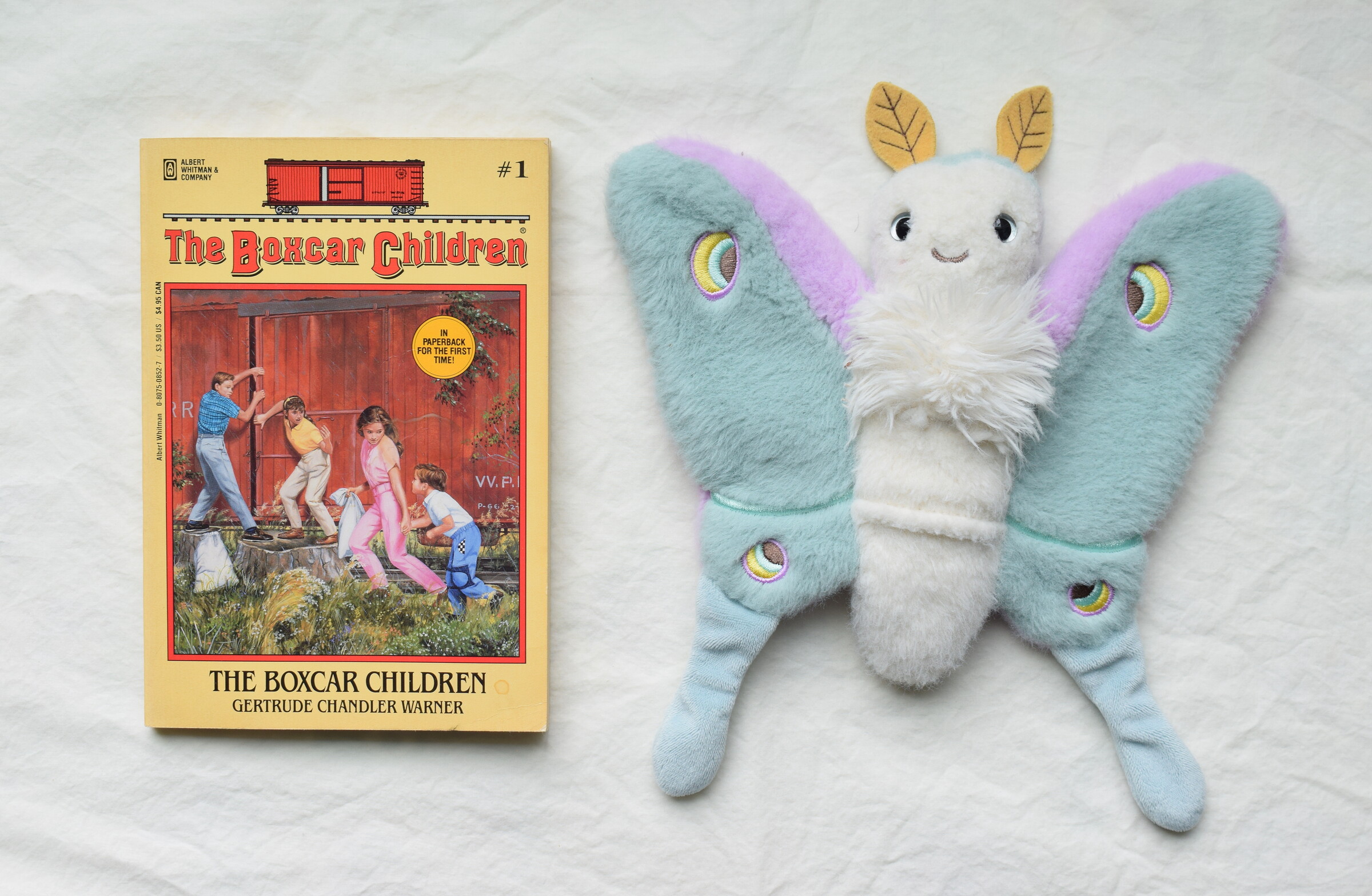 The Boxcar Children next to Reference Moth, our resident size guide