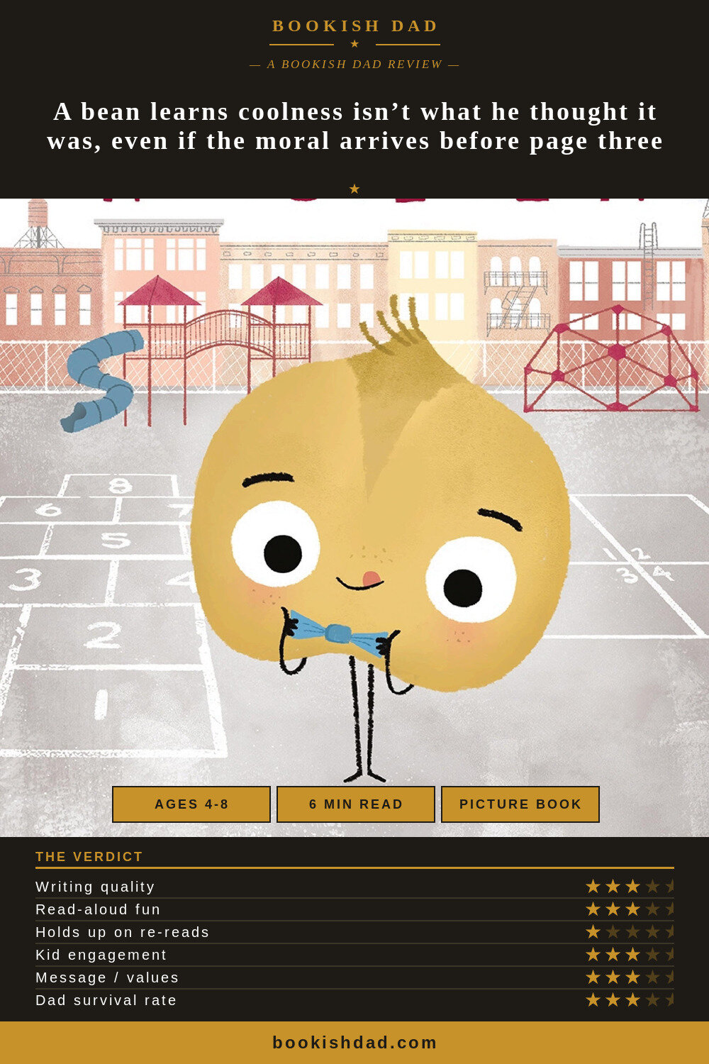 The Cool Bean by Jory John — Bookish Dad book review card (3/5 stars)