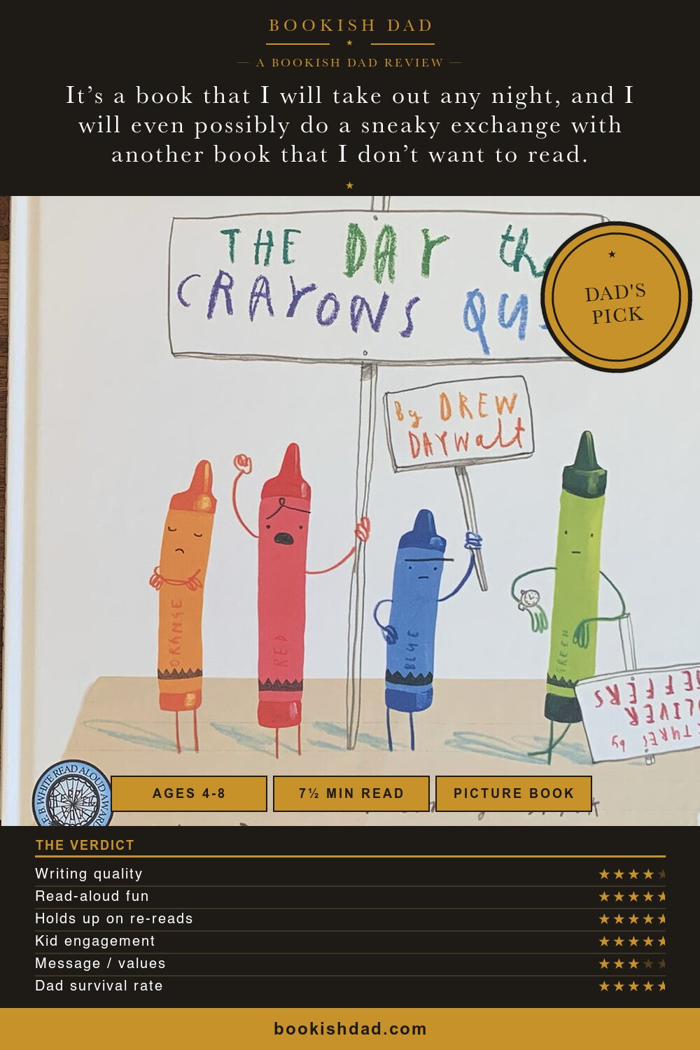 The Day the Crayons Quit by Drew Daywalt: Bookish Dad book review card (5/5 stars, Dad’s Pick)