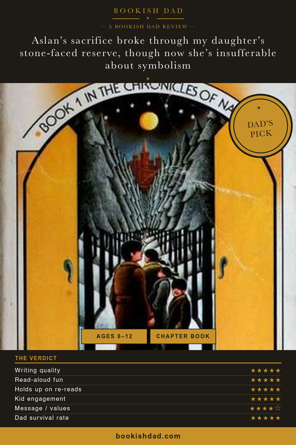 The Lion, the Witch and the Wardrobe by C.S. Lewis — Bookish Dad book review card (5/5 stars, Dad’s Pick)