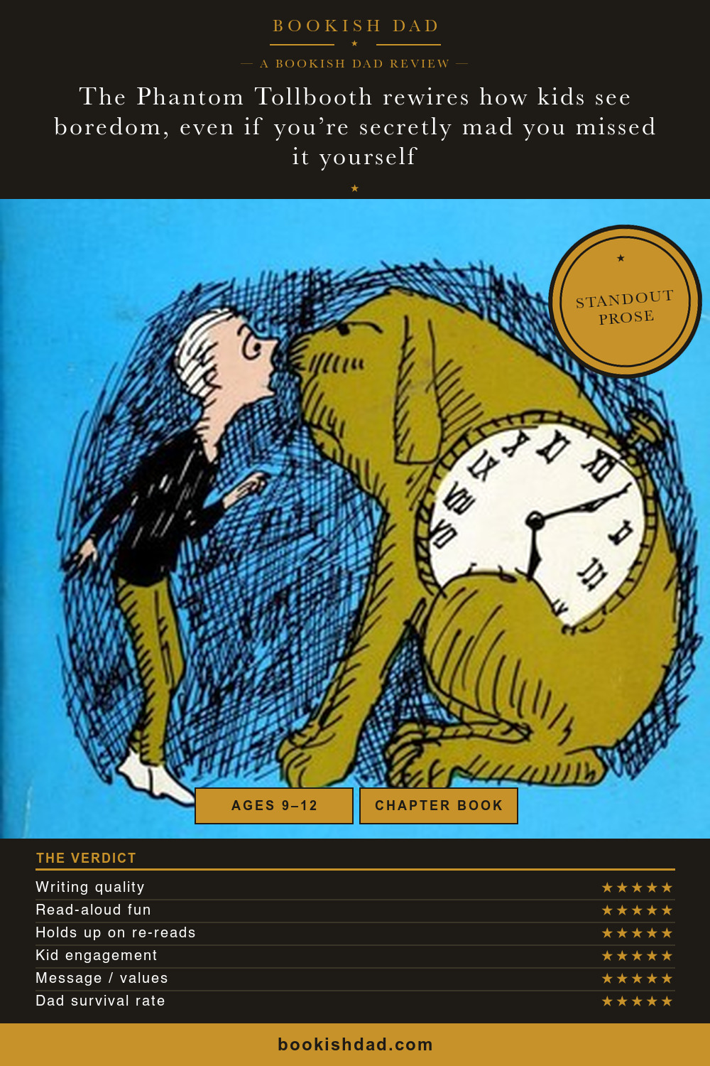 The Phantom Tollbooth by Norton Juster — Bookish Dad book review card (5/5 stars)