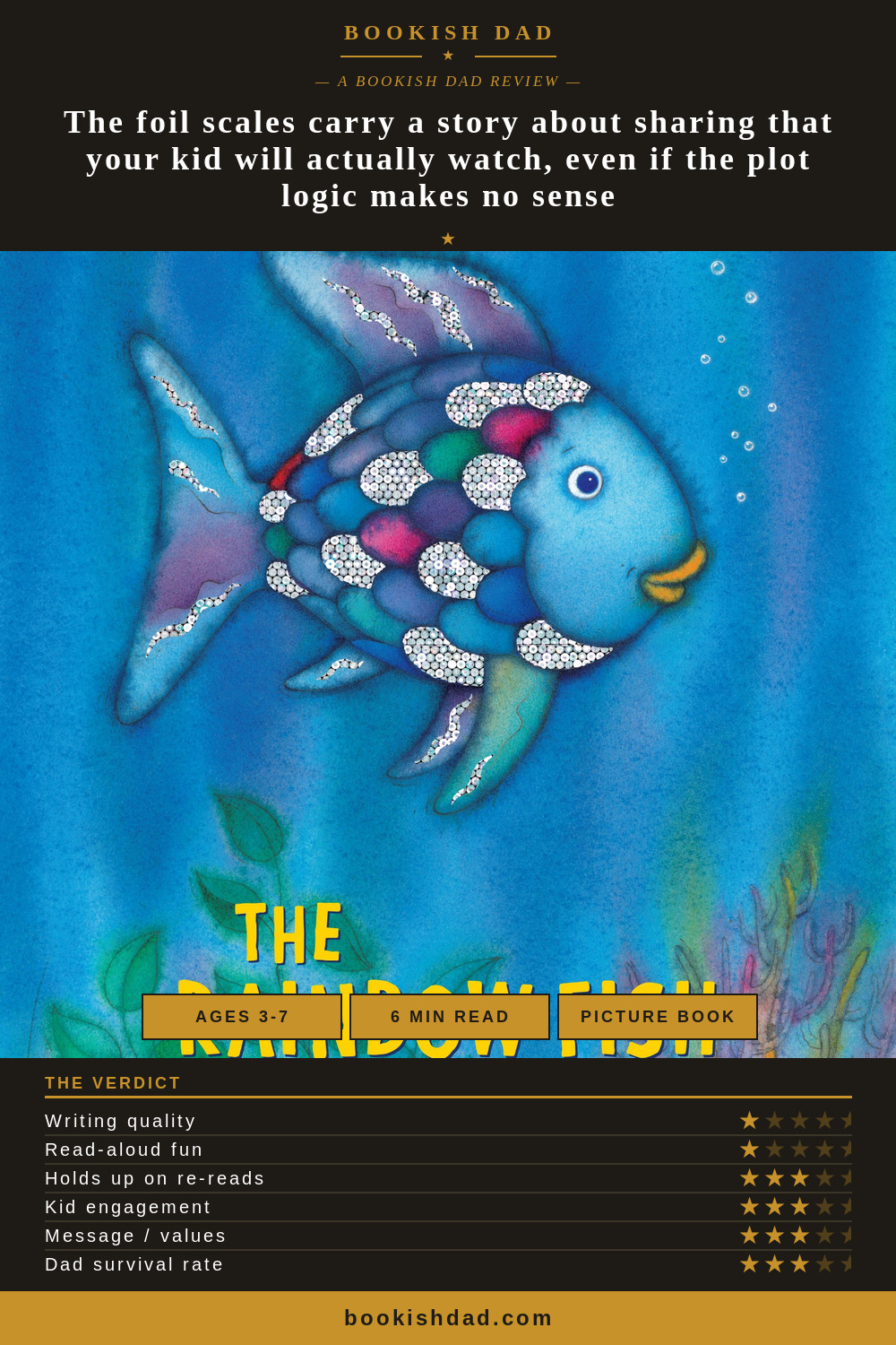 The Rainbow Fish by Marcus Pfister — Bookish Dad book review card (3/5 stars)