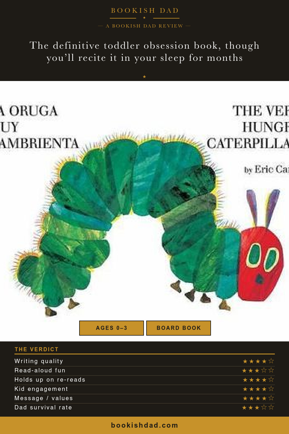 The Very Hungry Caterpillar by Eric Carle — Bookish Dad book review card (4/5 stars)