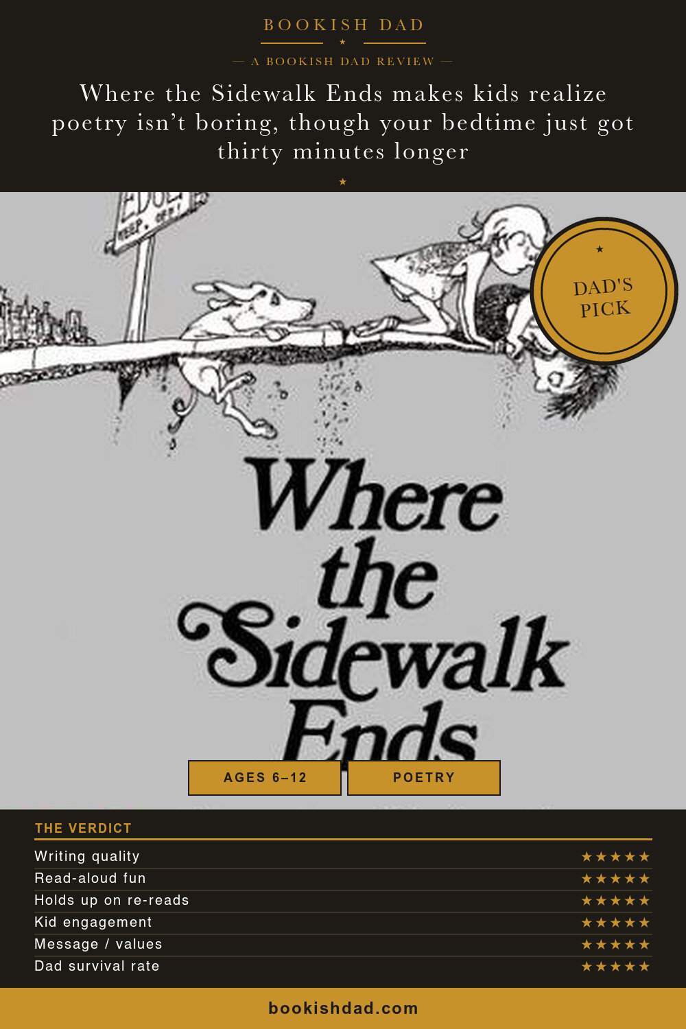 Where the Sidewalk Ends by Shel Silverstein — Bookish Dad book review card (5/5 stars, Dad’s Pick)